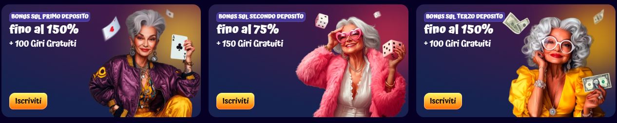 Richiedi i bonus sui depositi su SpinGranny fino al 150% con giri gratuiti su tre depositi