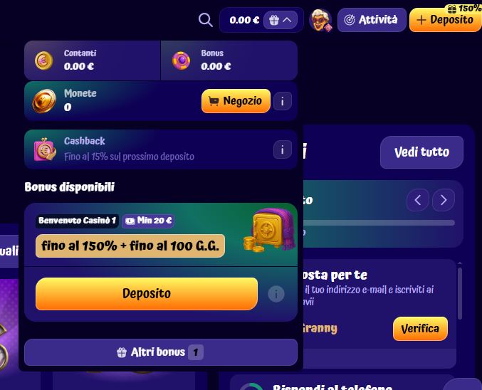 Visualizza i bonus disponibili e effettua un deposito per sbloccare fino al 150% più 100 giri gratuiti
