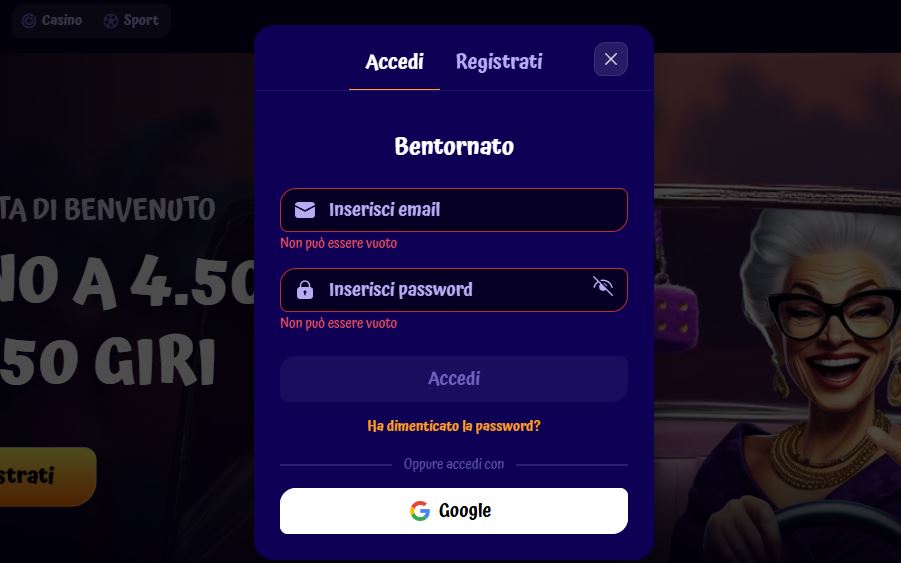 Accedi al tuo account con email e password oppure tramite Google