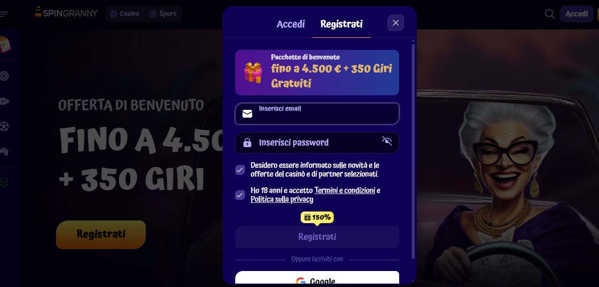 Registrati su SpinGranny e conquista il pacchetto di benvenuto fino a 4.500€ più 350 giri gratuiti